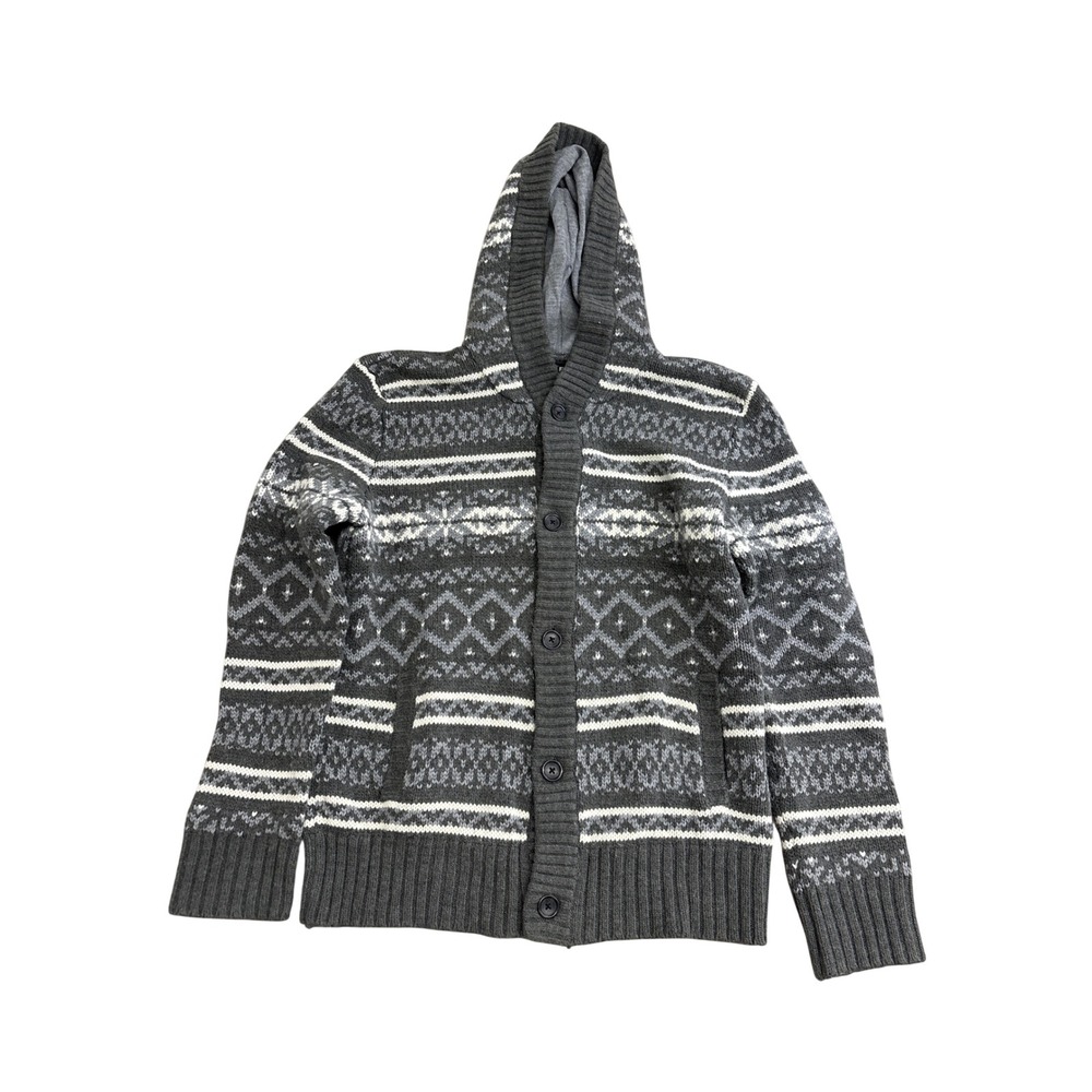 Express Mens Gray Fair Isle Hooded Cardigan Sweater Merino Wool Blend Large